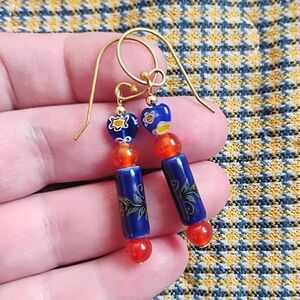 Handmade Carnelian And Millifiori Heart Vine Earrings